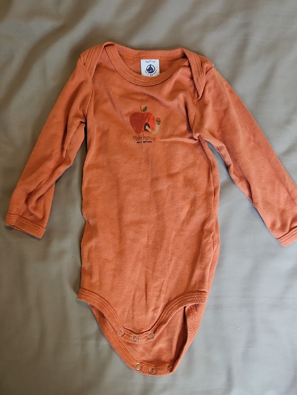 Petit Bateau Orange Long Sleeve Baby Bodysuit with Apple Motif - 9m